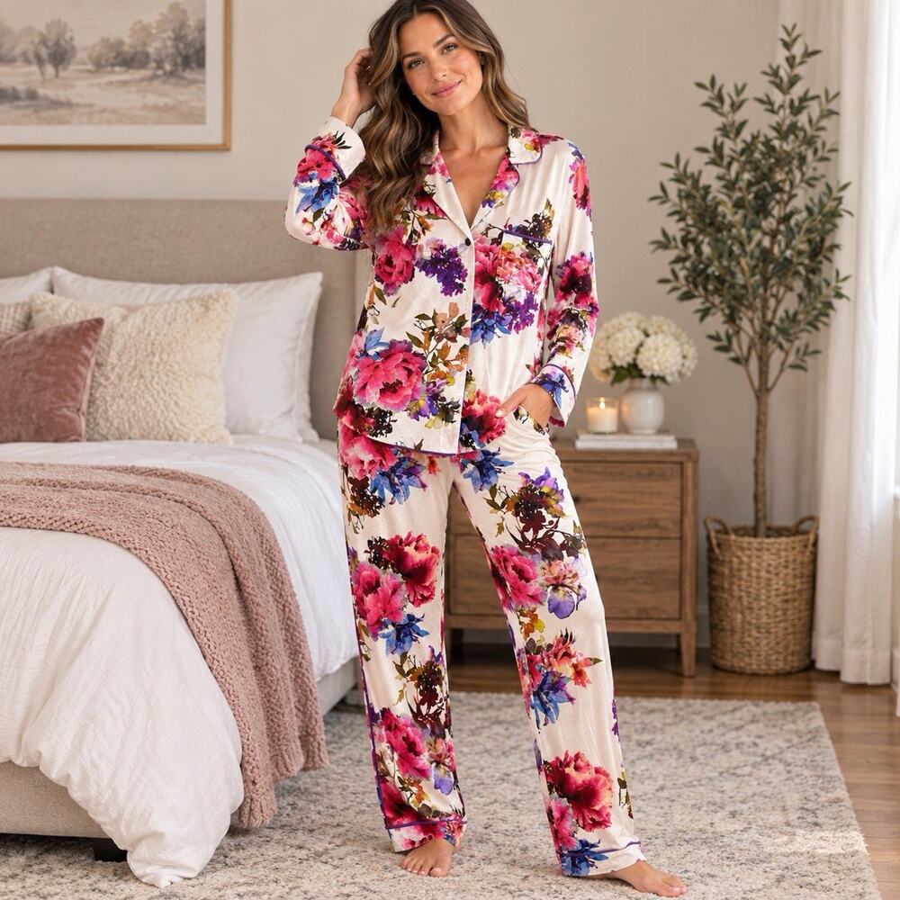 Soma Floral Pajama Set Top XL Pants L Pink Purple Botanical Lounge Sleepwear
